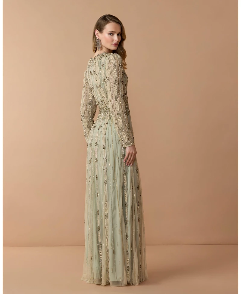 Mac Duggal Women's Embellished Mesh Long Sleeve Evening Gown