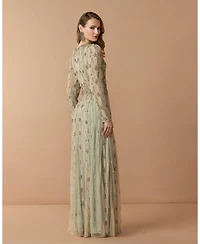 Mac Duggal Women's Embellished Mesh Long Sleeve Evening Gown