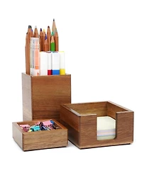 Danrong Brown Wooden Desk Organizer Set Pen Holder Paperclip Sticky Note Storage