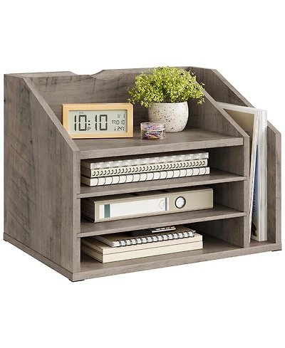 Danrong Rustic Brown Wooden Desk Organizer Adjustable Partitions Multi Layer Desktop File Holder