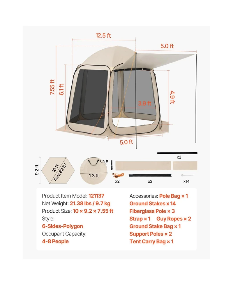 ECHTPeak Screen House Tent, 4-8 Person Pop Up Screen Tent with Extended Awning, Portable Screened in Canopy with Carry Bag