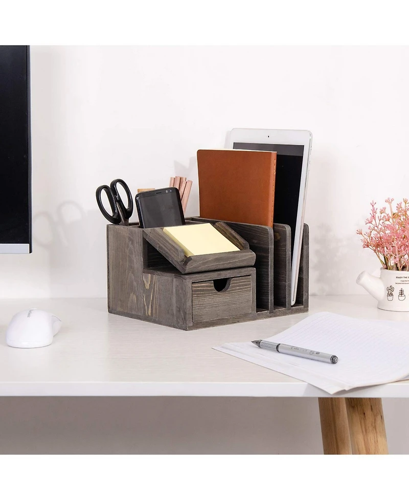 Danrong Rustic Wood Desk Organizer With Drawer Office Storage Sorter