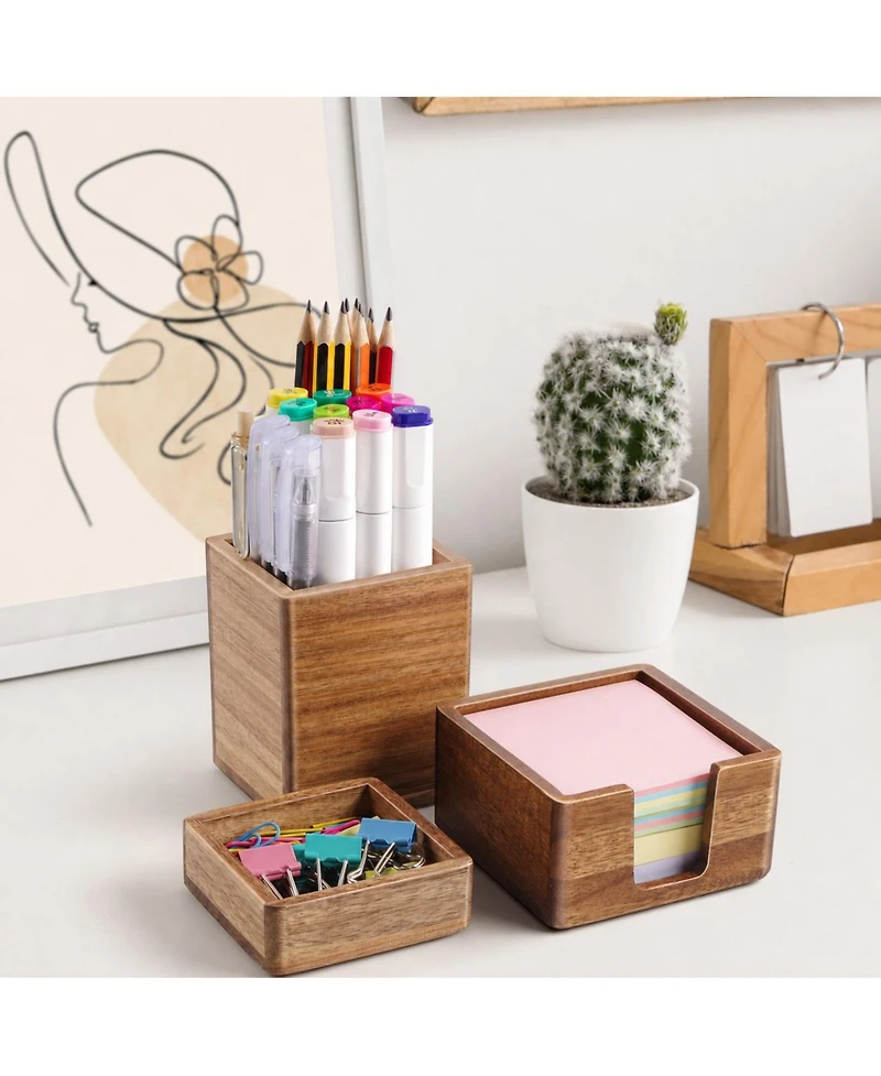 Danrong Natural Wood Desk Organizer Set Pen Holder Clip Holder Sticky Note Holder