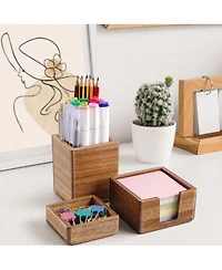 Danrong Natural Wood Desk Organizer Set Pen Holder Clip Holder Sticky Note Holder