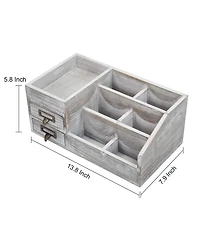 Danrong Rustic Wooden Desktop Organizer 2 Tier Drawers Multi Compartment Storage