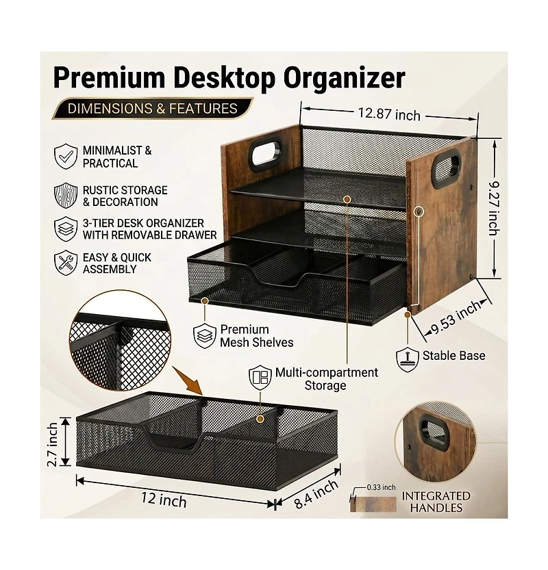Danrong Wood Desk Organizer 3 Tier Desktop File Tray With Drawer Office Storage For Papers Stationery