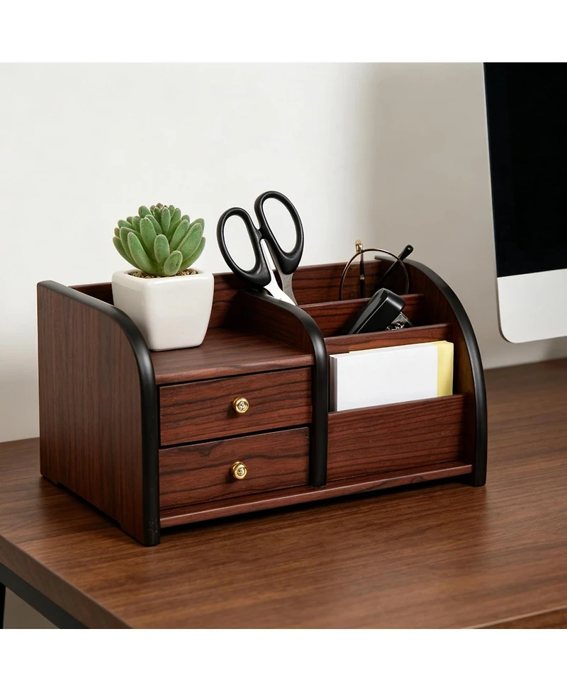 Danrong Wood Desktop Organizer 2 Drawers Stepped Compartments Office Home Storage
