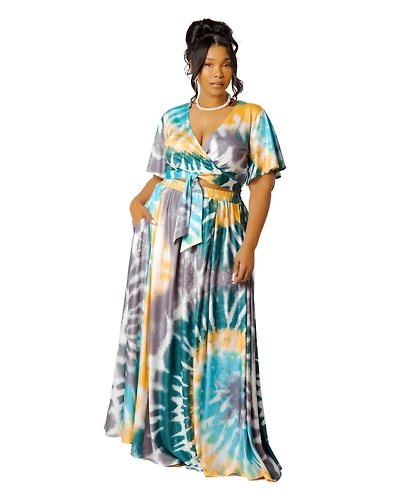 Buxom Couture Plus Tie-dye Tie-Front Top and Skirt Set