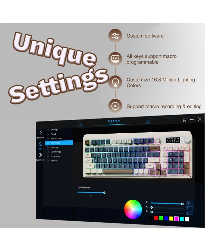 Aula S99 Pro, 99-Key, Wireless, Membrane, Gaming Keyboard, Rgb, 5-Layer Padding, 2000 mAh Battery, Knob, Digital Screen