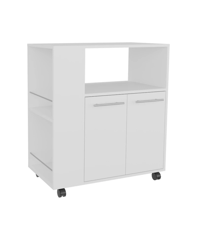 Fm Furniture Linden Kitchen Cart with Microwave Shelf, Open Storage, and Two-Door Cabinet