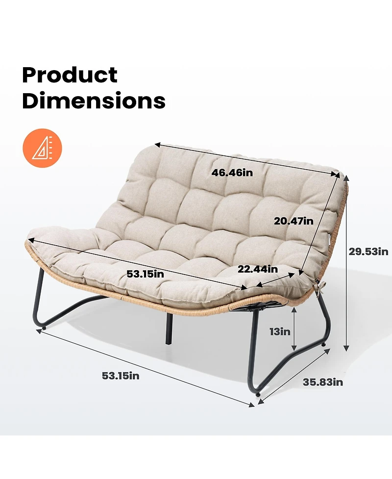 Pellebant Outdoor Loveseat, 2 Seater Couch with Soft Cushion, All-Weather Boho Rattan Patio Furniture for Balcony