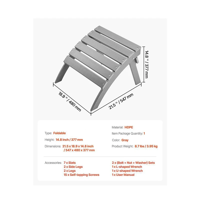 Slickblue Adirondack Chair Footrest Ottoman for Pool, Porch and Backyard