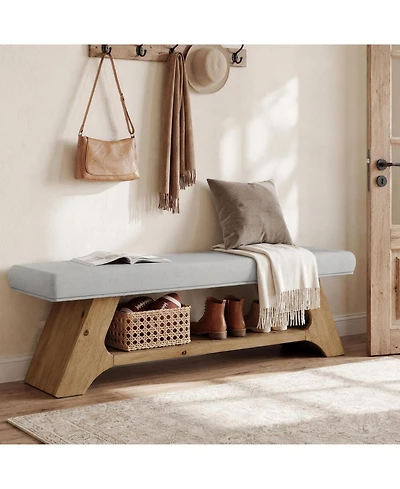 Tribesigns 55" Solid Wood Shoe Bench with Cushion, 2-Tier Upholstered