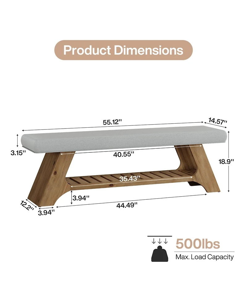 Tribesigns 55" Solid Wood Shoe Bench with Cushion, 2-Tier Upholstered