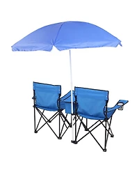 Mountaintop Double Folding Picnic Chairs w/Umbrella Mini Table Beverage Holder Carrying Bag for Beach Patio Pool
