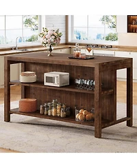 Tribesigns 59" Solid Wood Kitchen Island with Open Shelves