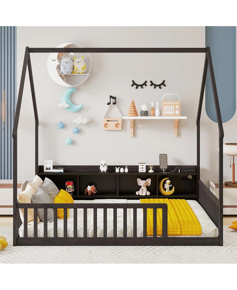 Streamdale Furniture Full House Floor Bed with Storage, Led, Charging Station and Guardrails