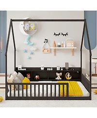 Streamdale Furniture Full House Floor Bed with Storage, Led, Charging Station and Guardrails