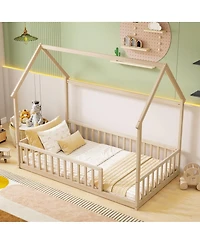 Streamdale Furniture Twin House Floor Bed with Roof and Guardrails