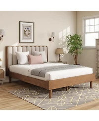 Streamdale Furniture Queen Size Wood Bed with Piano Key Upholstered Headboard