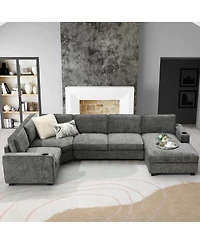 Streamdale Furniture 117.5" 6-Seat U-Shaped Chenille Sectional Sofa with Cup Holders and Chaise