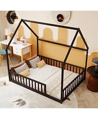 Streamdale Furniture Full Size House Floor Bed with Roof, Guardrails
