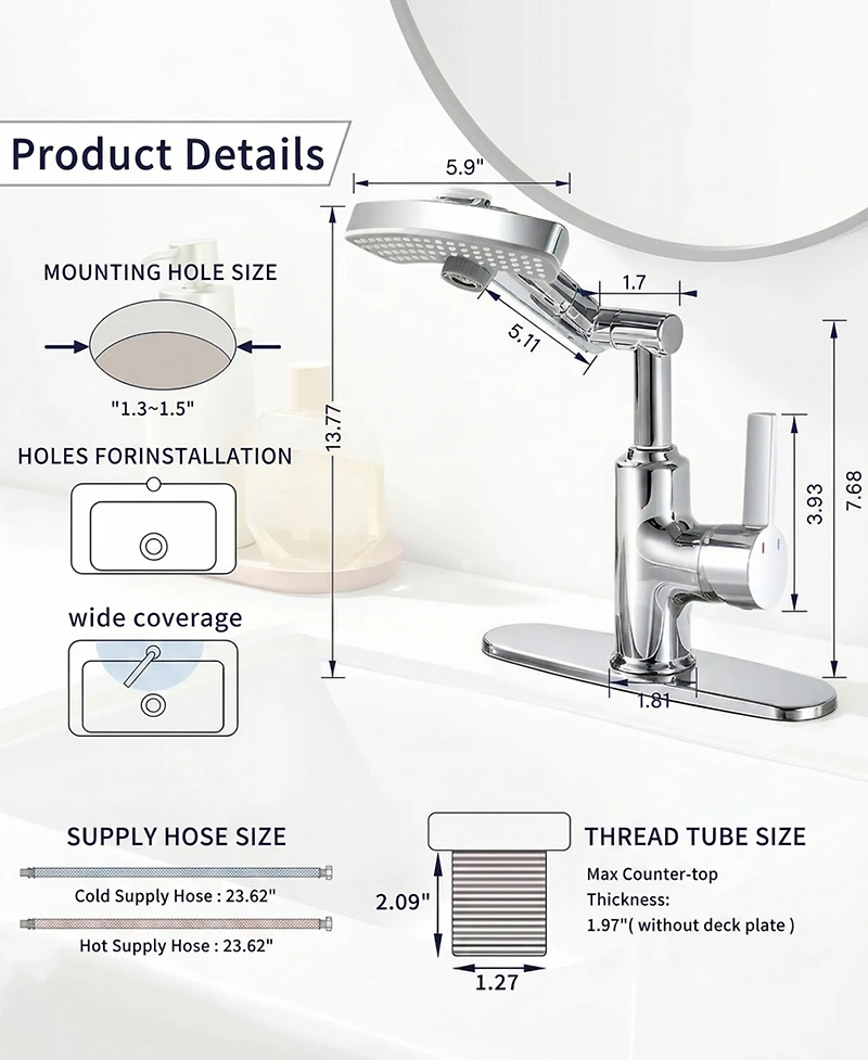 Thirtypeachy Single Handle Bathroom Sink Faucet with Led Temperature Display, 3 Water Modes and 360degree(s) Rotating Spout