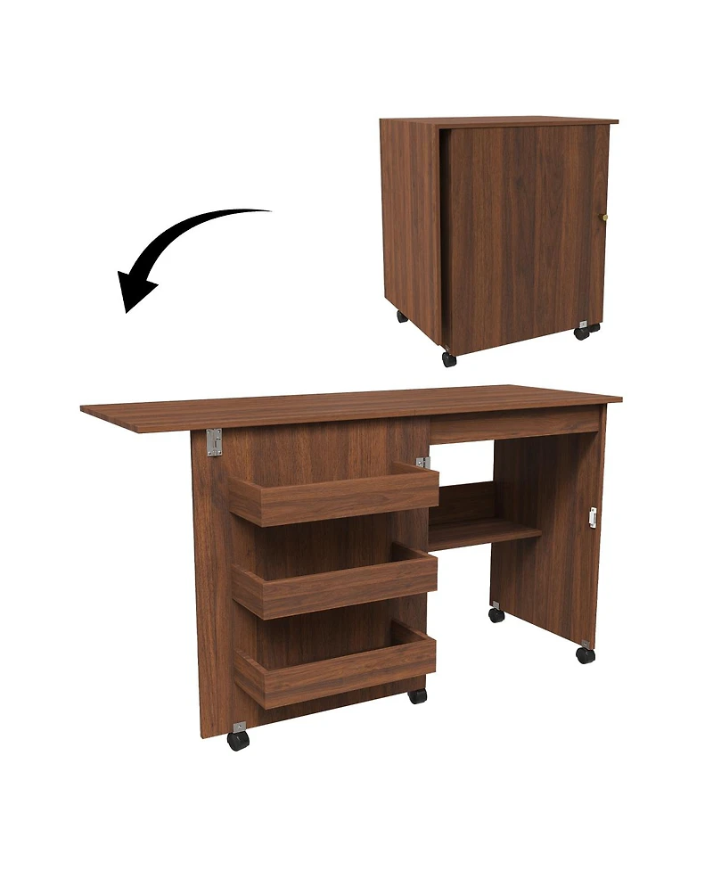 Streamdale Furniture Walnut 4-in-1 Folding Sewing Table and Craft Station with Wheels