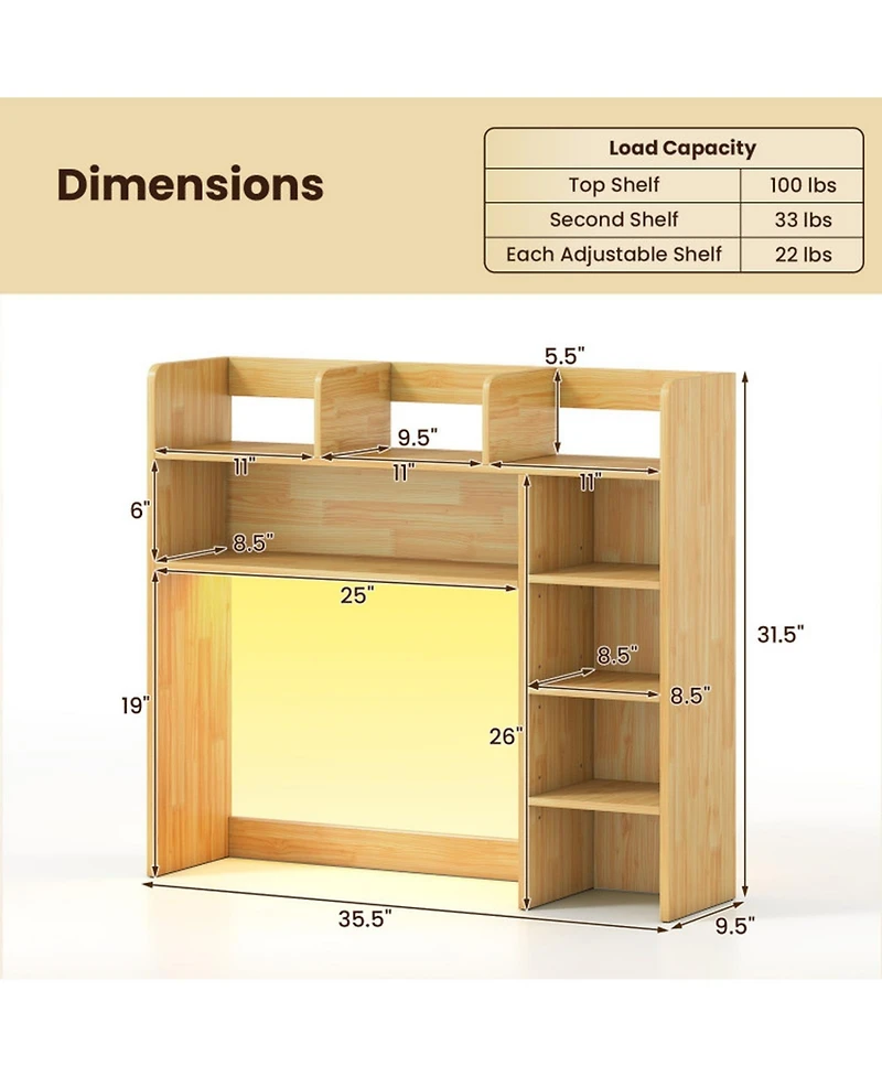 Sugift Desktop Bookshelf with Led Lights 35.5 Inch Desk Hutch Storage Organizer and Remote Control
