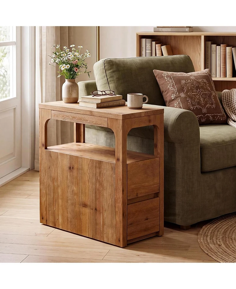 Tribesigns Narrow Solid Wood End Table with 2 Drawers and Open Shelf