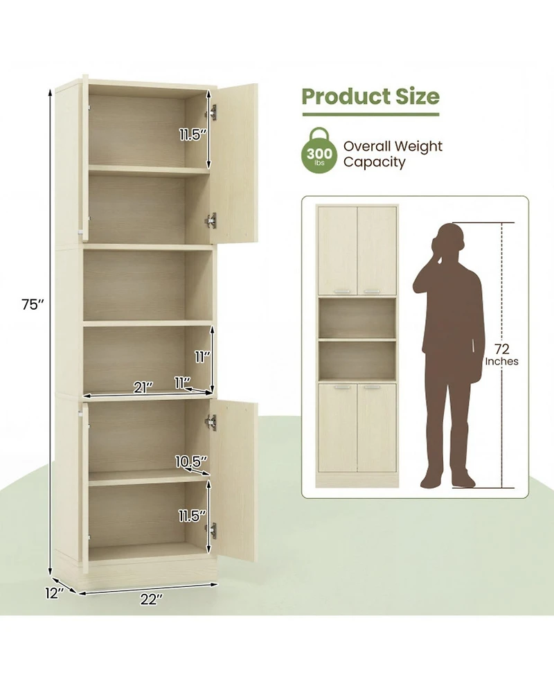 Sugift 75 Inch Tall Kitchen Pantry Cabinet Freestanding Cupboard with Double Doors and Open Shelves