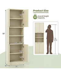 Sugift 75 Inch Tall Kitchen Pantry Cabinet Freestanding Cupboard with Double Doors and Open Shelves