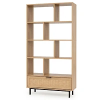 Sugift 64 Inch 6-Tier Tall Wooden Bookcase with 8 Open Cubes and Pull-Out Rattan Drawer