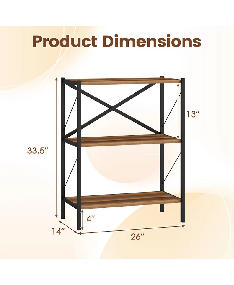 Sugift 3-Tier Open Bookshelf with Heavy-Duty X-Braced Metal Frame
