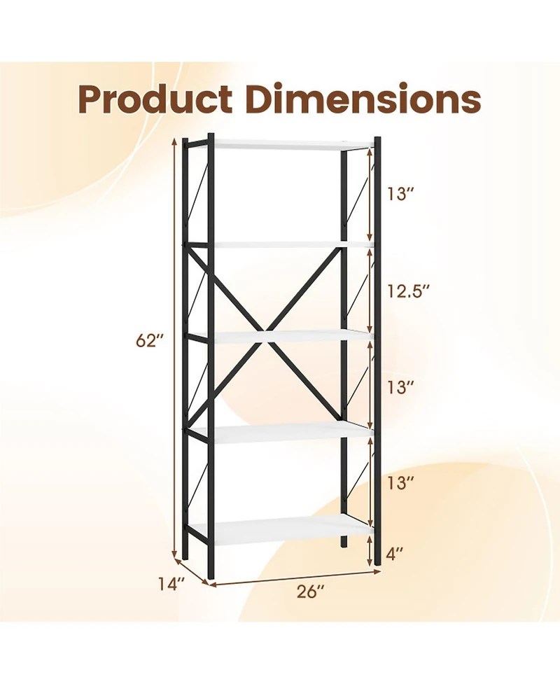 Sugift 62 Inch 5-Tier Industrial Bookcase with X-Braced Heavy-Duty Metal Frame