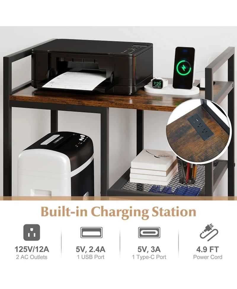 Sugift Rolling Printer Stand with Charging Station and 2-Tier Mesh Storage Shelves