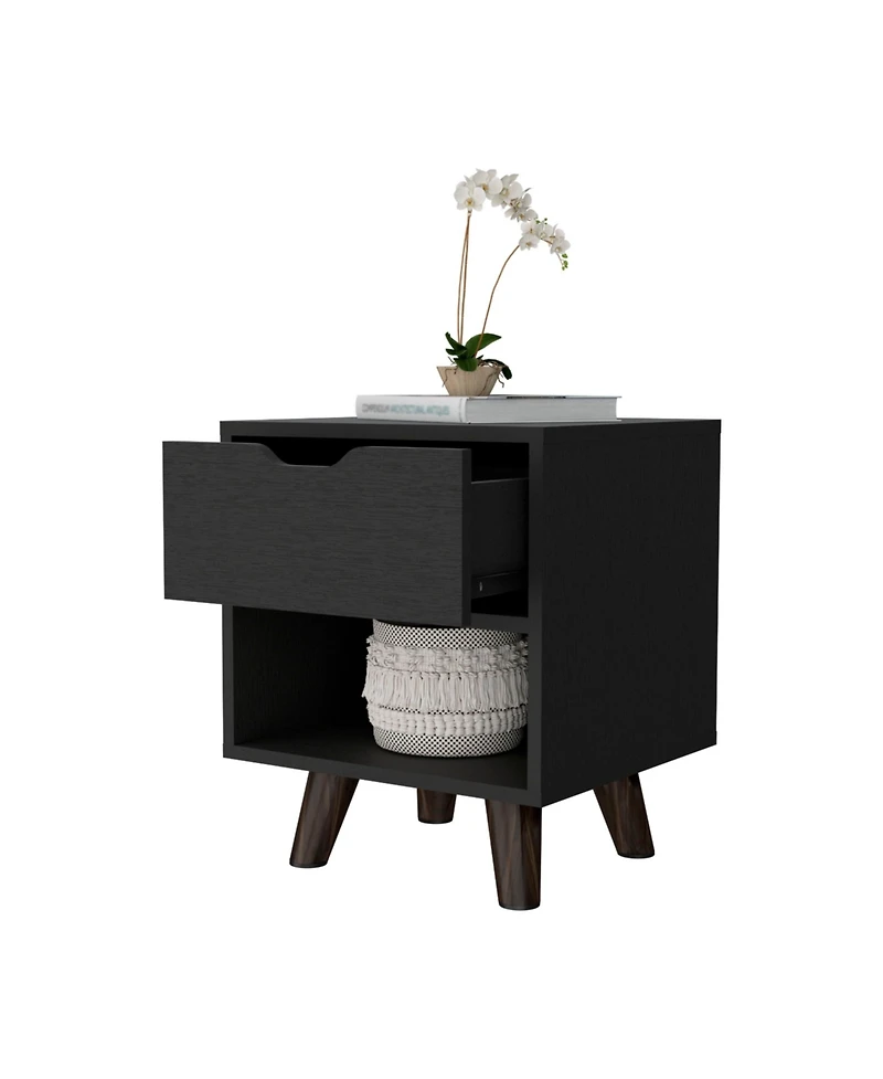 Flynama 1-Drawer Nightstand with Open Shelf and Wooden Legs