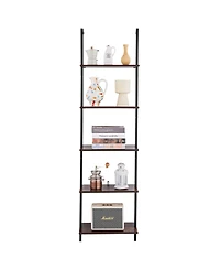 Slickblue Wall Mounted 5-Tier Ladder Bookshelf with Open Shelves and Metal Frame for Living Room