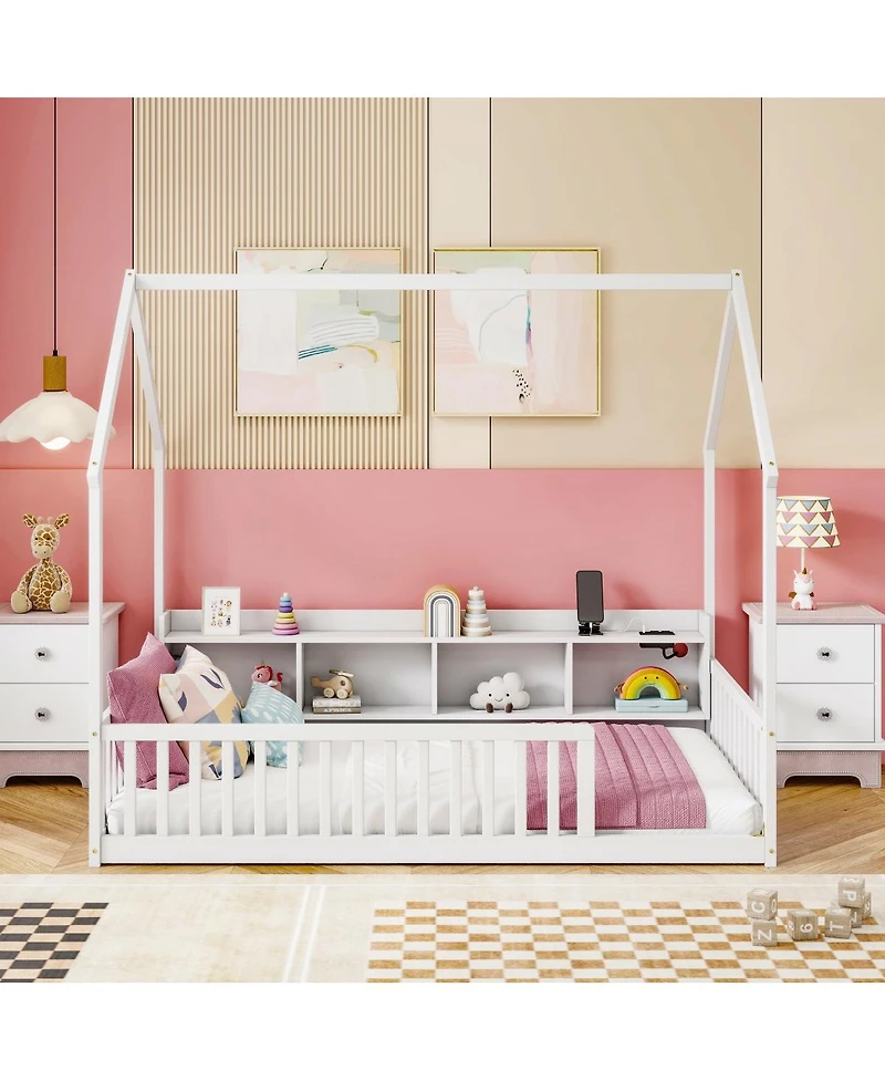 Streamdale Furniture Twin House Floor Bed with Storage, Led and Charging Station