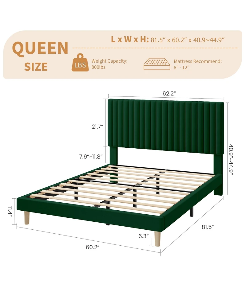 Gaomon Velvet Upholstered Platform Bed Frame with Adjustable Headboard, Vertical Channel Tufted