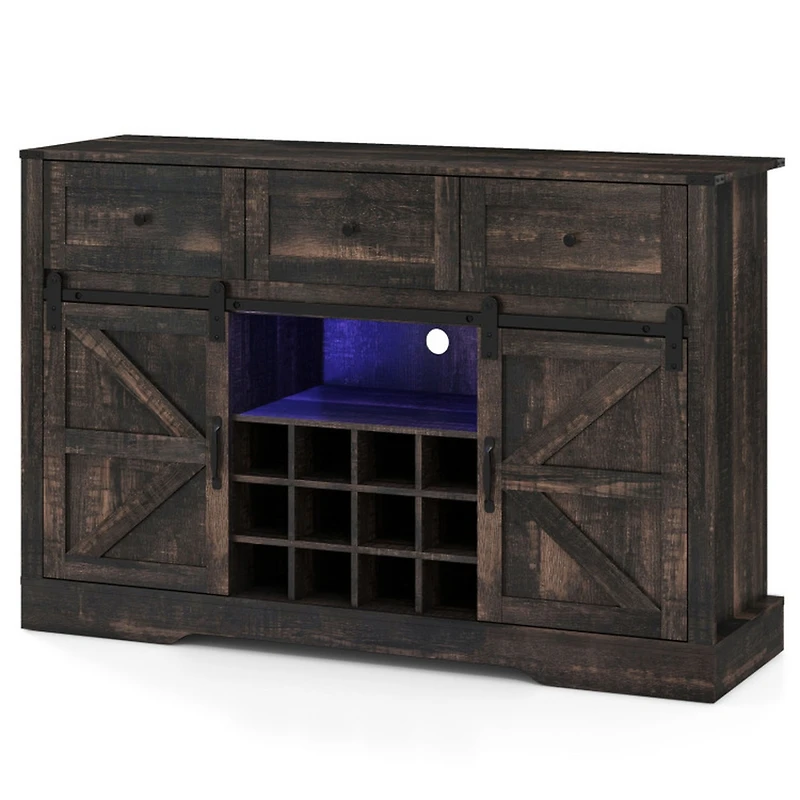 Sugift 52 Inch Wine Bar Cabinet with Led Lights Sliding Barn Doors and Glass Racks