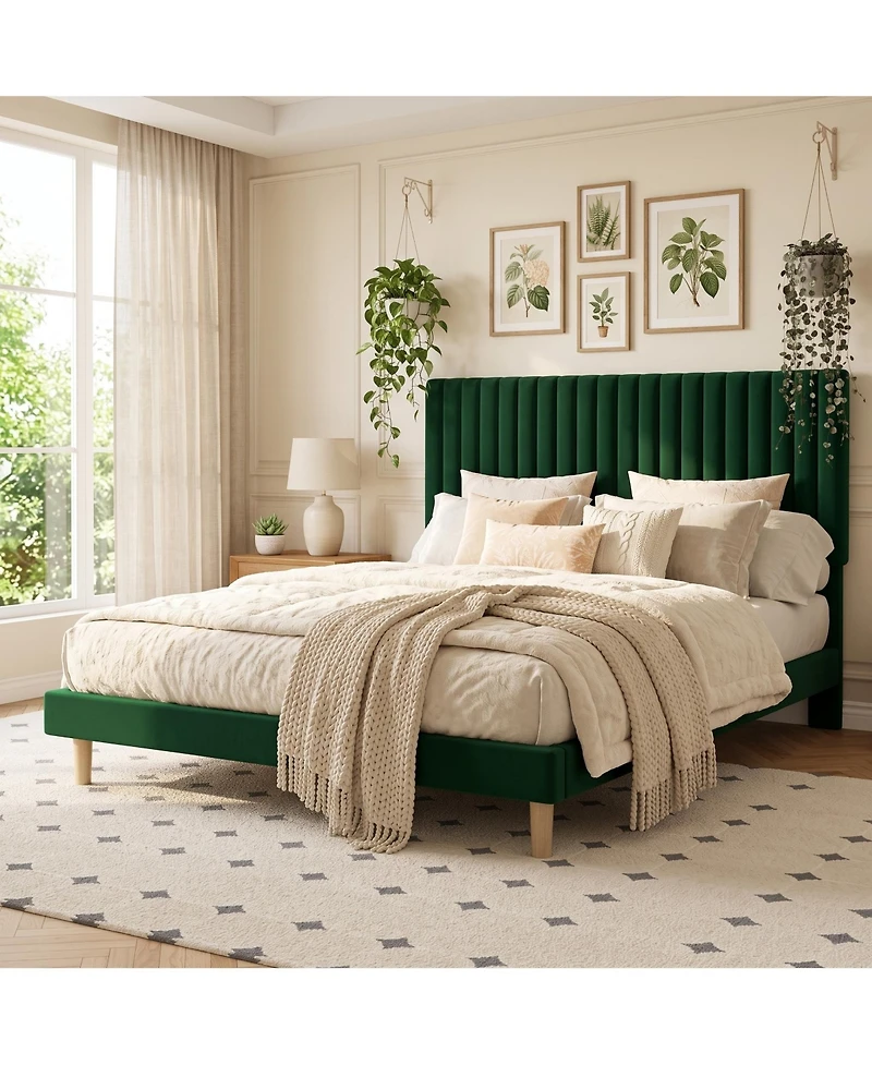 Gaomon Velvet Upholstered Platform Bed Frame with Adjustable Headboard, Vertical Channel Tufted