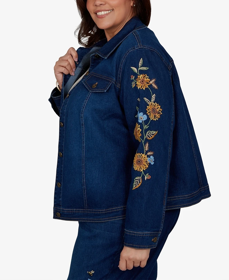 Alfred Dunner Plus Floral-Embroidered Denim Jacket