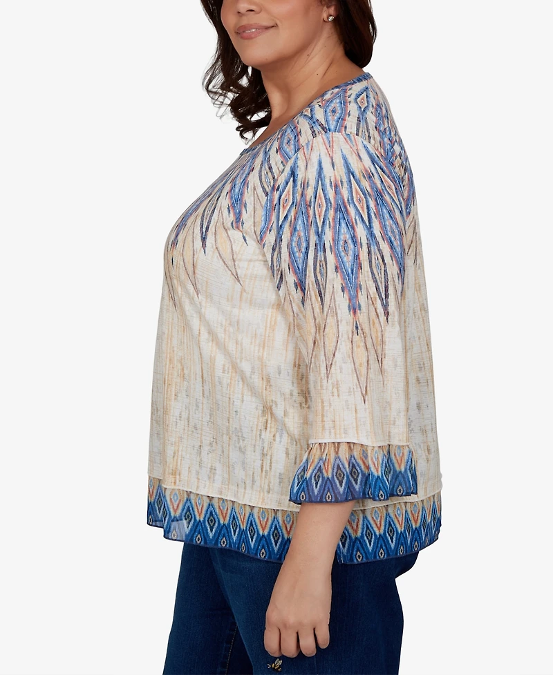 Alfred Dunner Plus Ikat-Print Scoop-Neck 3/4-Sleeve Blouse