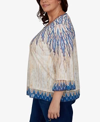 Alfred Dunner Plus Ikat-Print Scoop-Neck 3/4-Sleeve Blouse