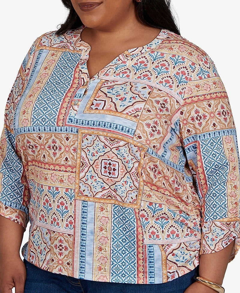 Alfred Dunner Plus 3/4-Sleeve Patchwork-Print Blouse