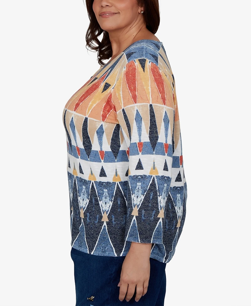 Alfred Dunner Plus 3/4-Sleeve Geometric-Print Keyhole Pullover Sweater