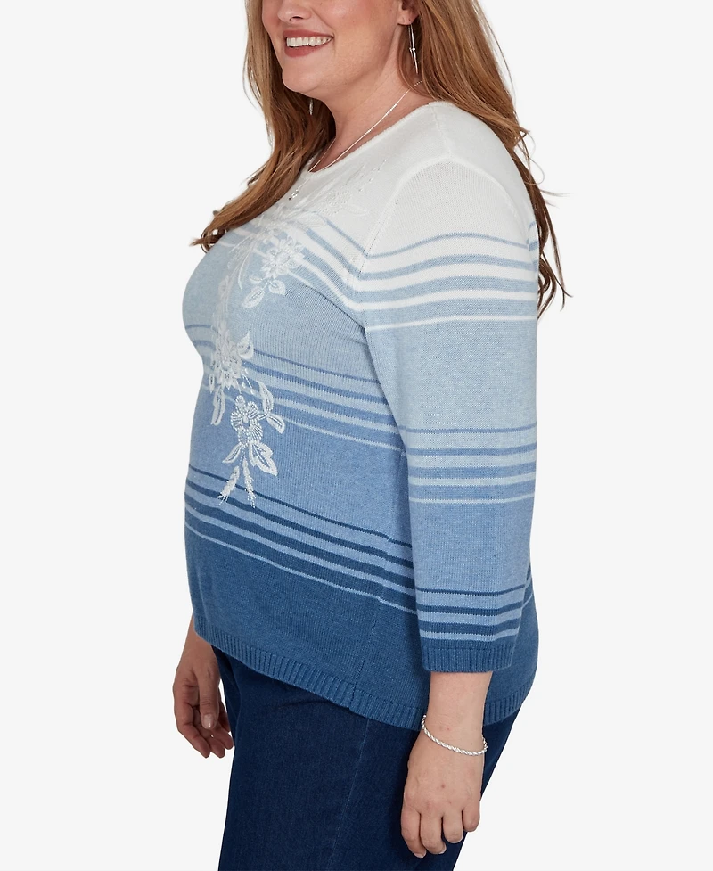 Alfred Dunner Plus Floral Embroidery 3/4-Length Crewneck Pullover Sweater