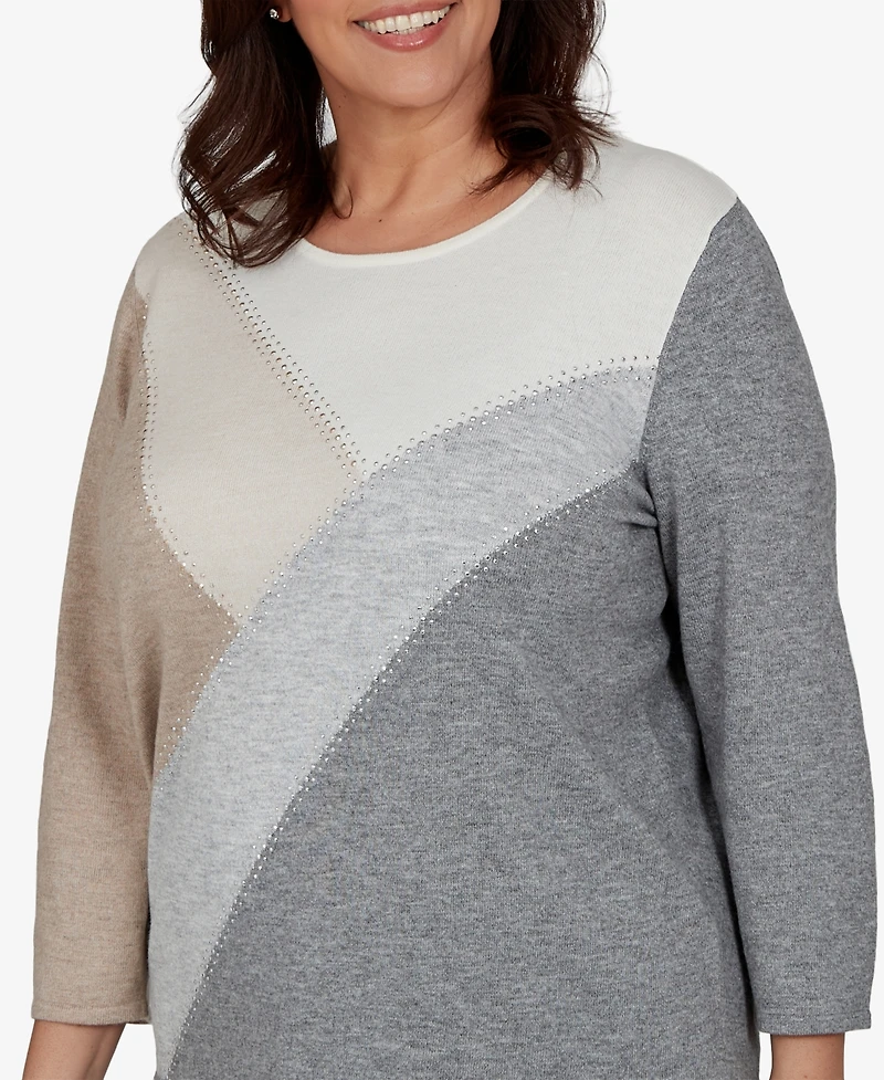 Alfred Dunner Plus 3/4-Sleeve Colorblock Crewneck Pullover Sweater