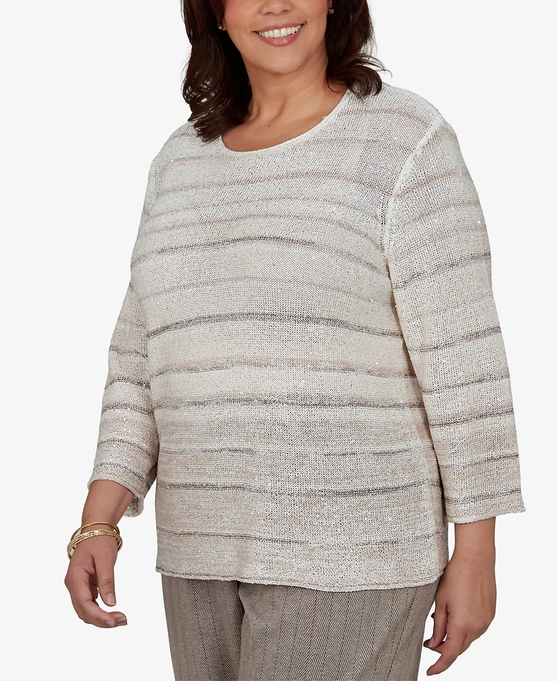 Alfred Dunner Plus Crew Neck 3/4-Sleeve Striped Sweater